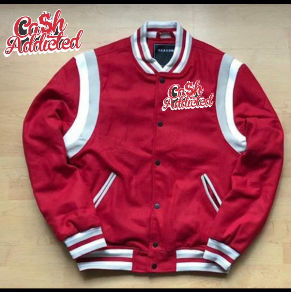 RED VARSITY JACKET LIGHT GREY & WHITE STRIPES